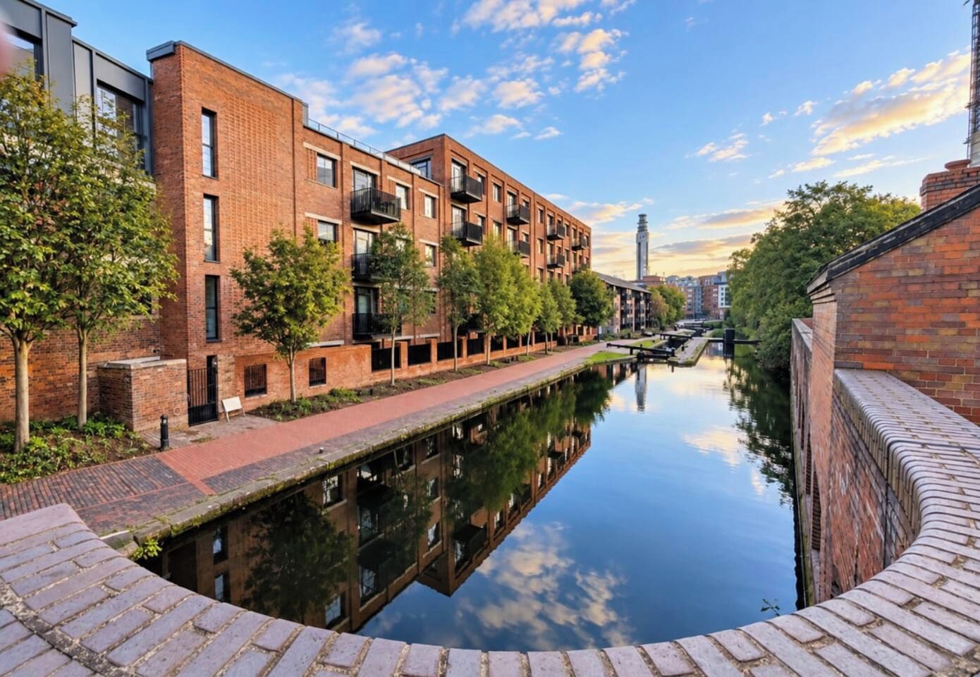 Un canal con un edificio de ladrillo a un lado y una estructura moderna al otro.