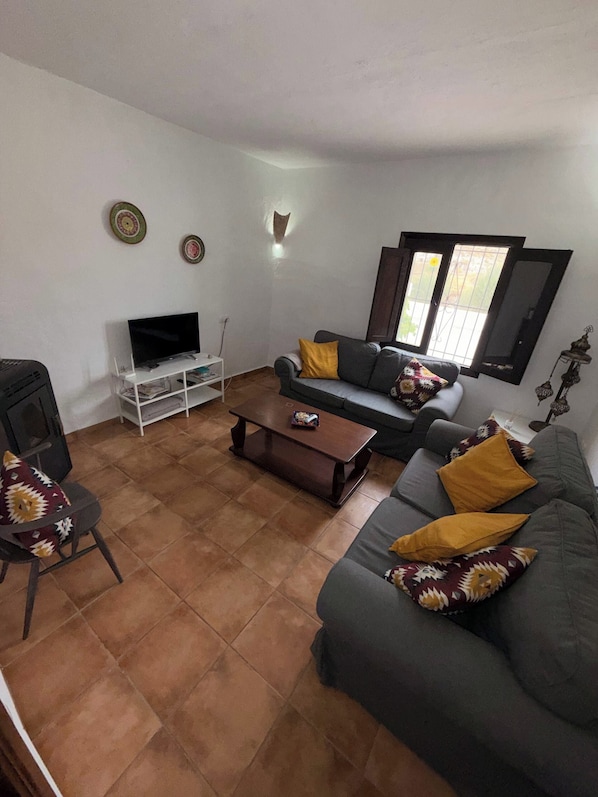 Een woonkamer met een bank, een salontafel, een televisie en een open haard.