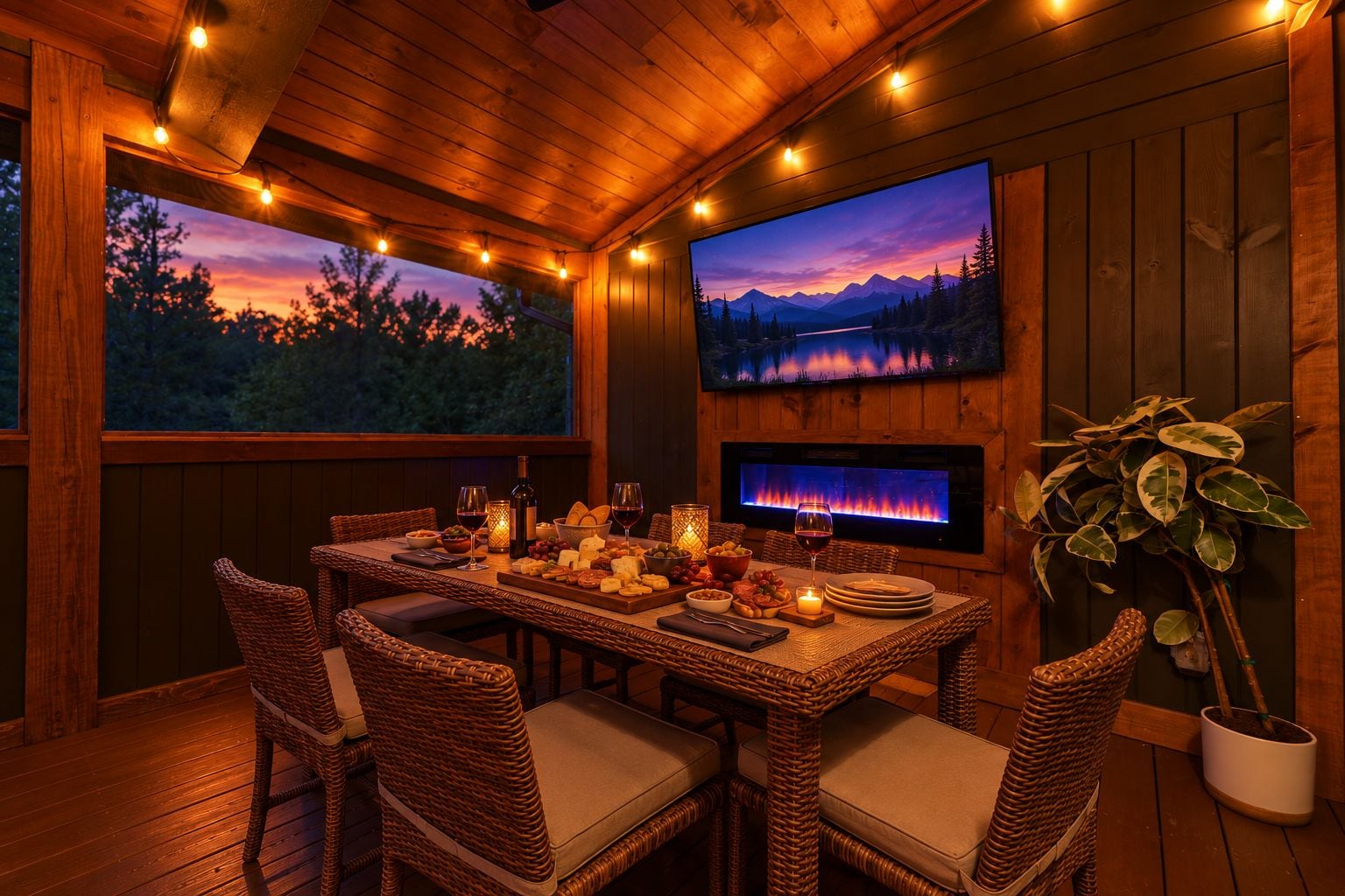 A cozy dining area with a wooden table set for a meal, surrounded by wicker chairs.
