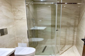 A glass-enclosed shower stall with a white sink and a handheld showerhead. - The Phoenician Pause (Tunis)