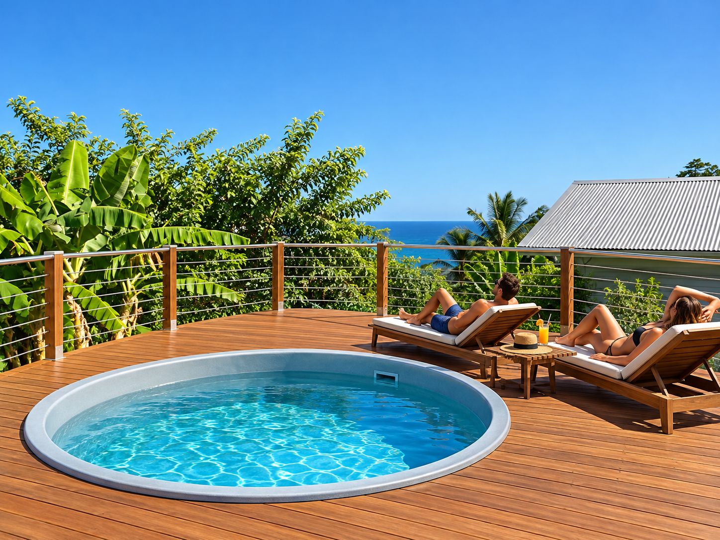 A wooden deck with a circular hot tub and lounge chairs, overlooking a clear blue sky and ocean.