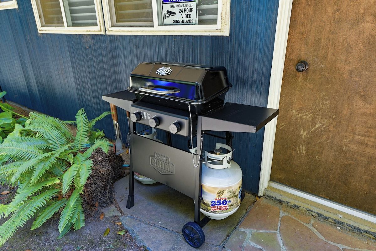 A portable grill with a propane tank, positioned outside a house with a blue door and a window with a surveillance sign.