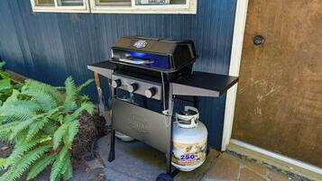 A portable grill with a propane tank, positioned outside a house with a blue door and a window with a surveillance sign.