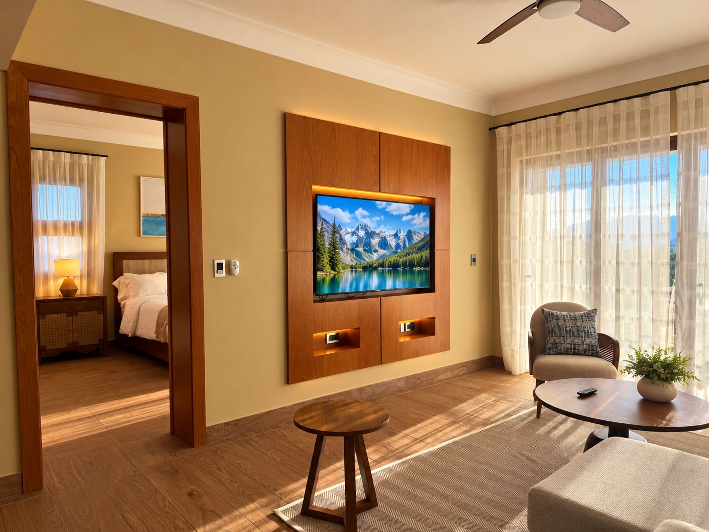 Habitación de hotel con cama, televisor montado en la pared, una mesita redonda y una silla.