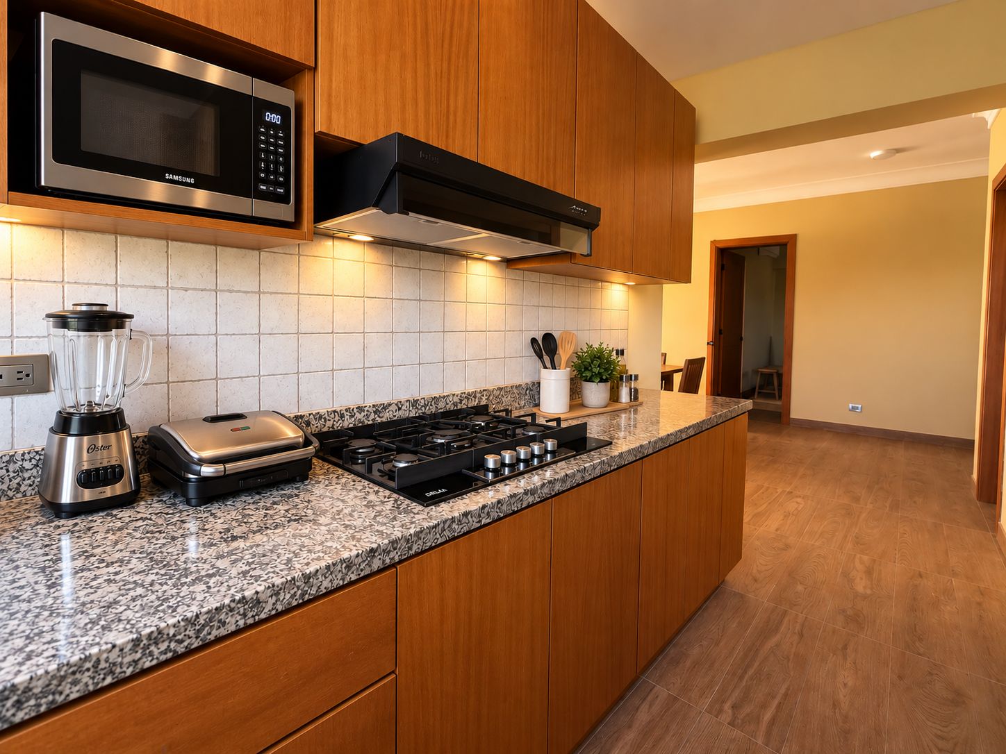 Una cocina moderna equipada con microondas, tostadora y cocina a gas.