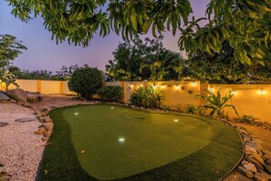 A well-maintained artificial turf golf course with a putting green, surrounded by a variety of plants and trees, and a low stone wall. - SunnyStay Villa - A Spacious 5-Bedroom Villa with Pool & Mini Golf (Moko)
