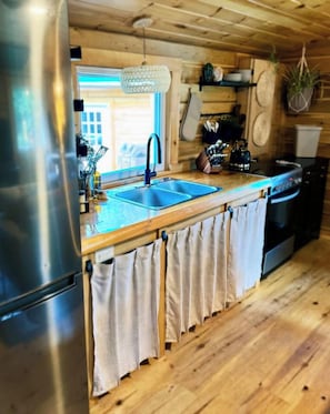 A kitchen with wooden cabinets, a stainless steel refrigerator, a double sink, and a hanging plant. - Harmony Nature Retreat•Shine & Rise Wellness (Saint Mary Parish)