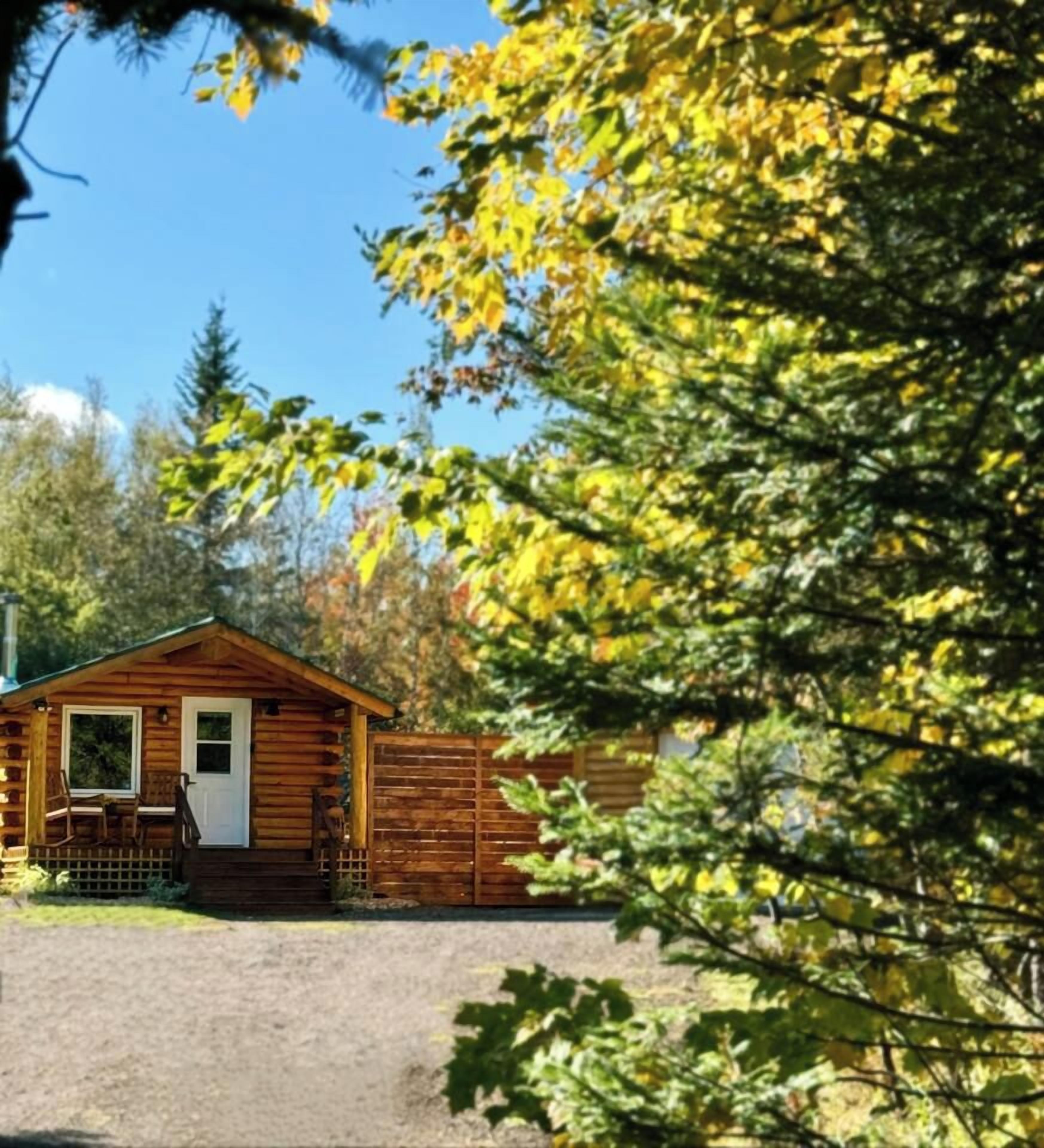 A wooden cabin with a front door, steps, and a porch with chairs.