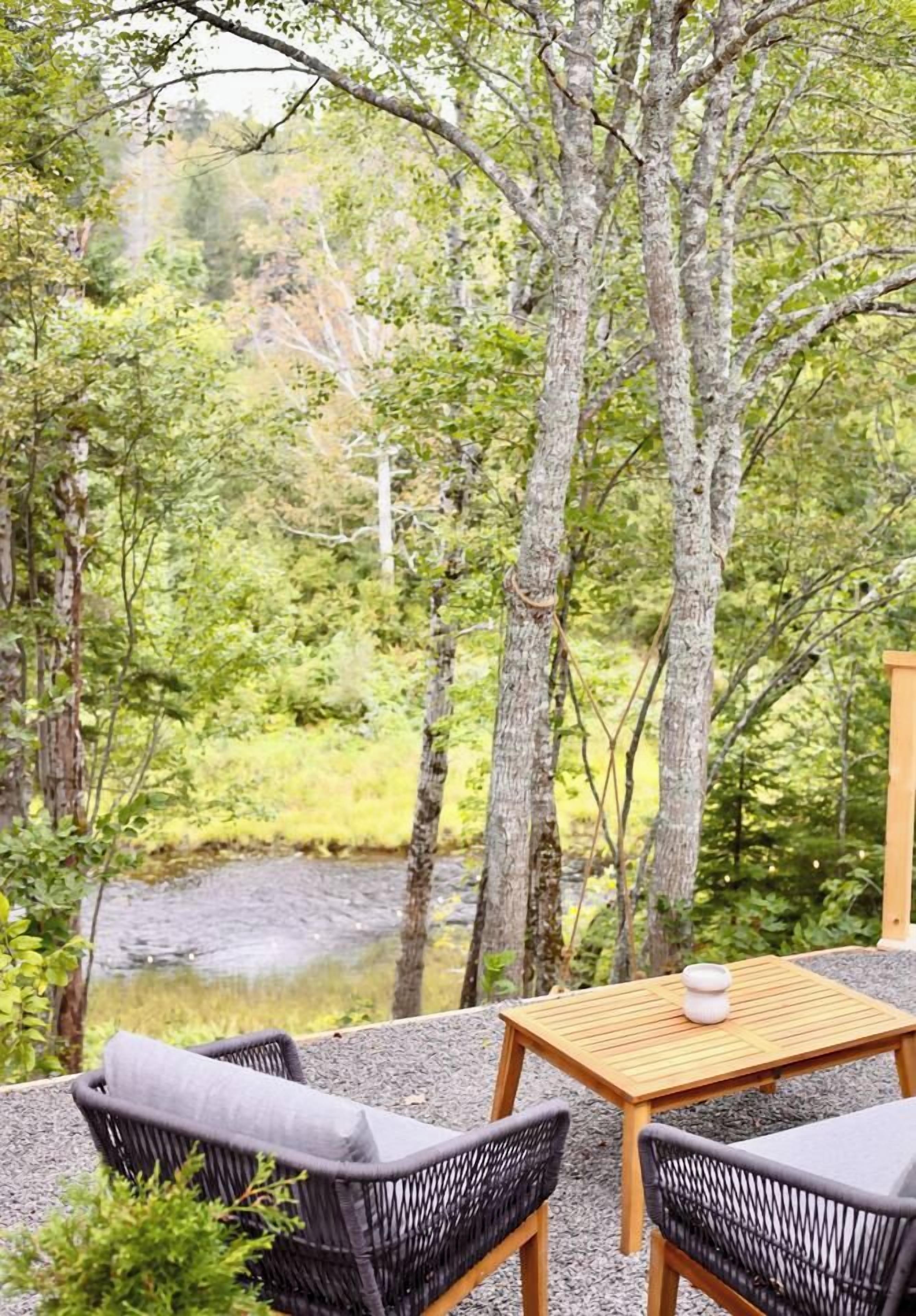 An outdoor seating area with a table and chairs, overlooking a natural landscape with trees and a body of water.