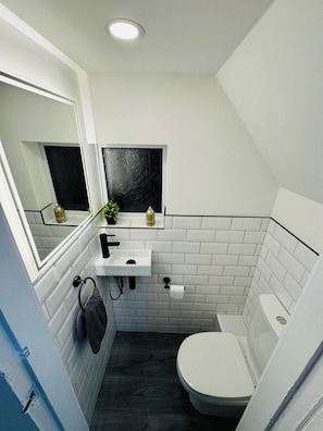 A small, modern bathroom with a white sink, a toilet, and a mirror. - 3BR Home with Large Garden in Leicester (Leicester)