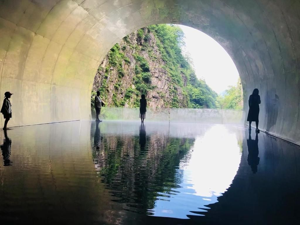 Un túnel con una superficie acuática reflectante y vistas a una ladera boscosa.