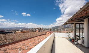 Una terraza en la azotea con baldosas de terracota, plantas en macetas y vistas de un paisaje urbano con montañas al fondo.