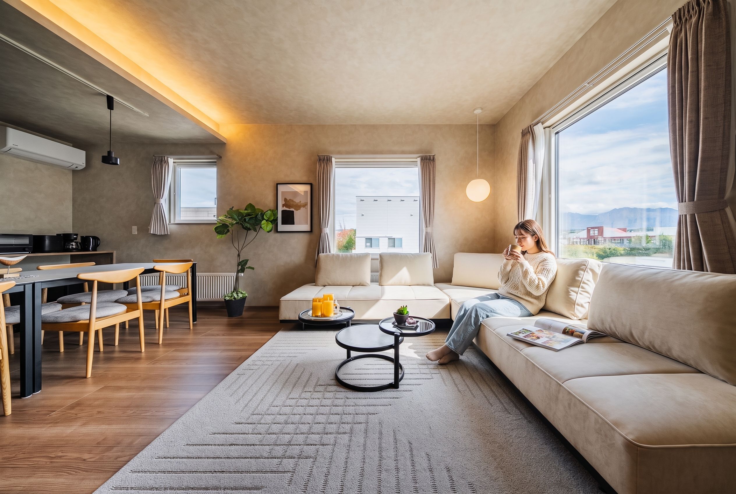Una sala moderna con un sofá, una mesa de centro y una zona de comedor.