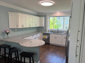A kitchen with white cabinets, a granite countertop, and a window with a view of greenery. - Historical 5-bed brick home with modern amenities (Hinsdale)