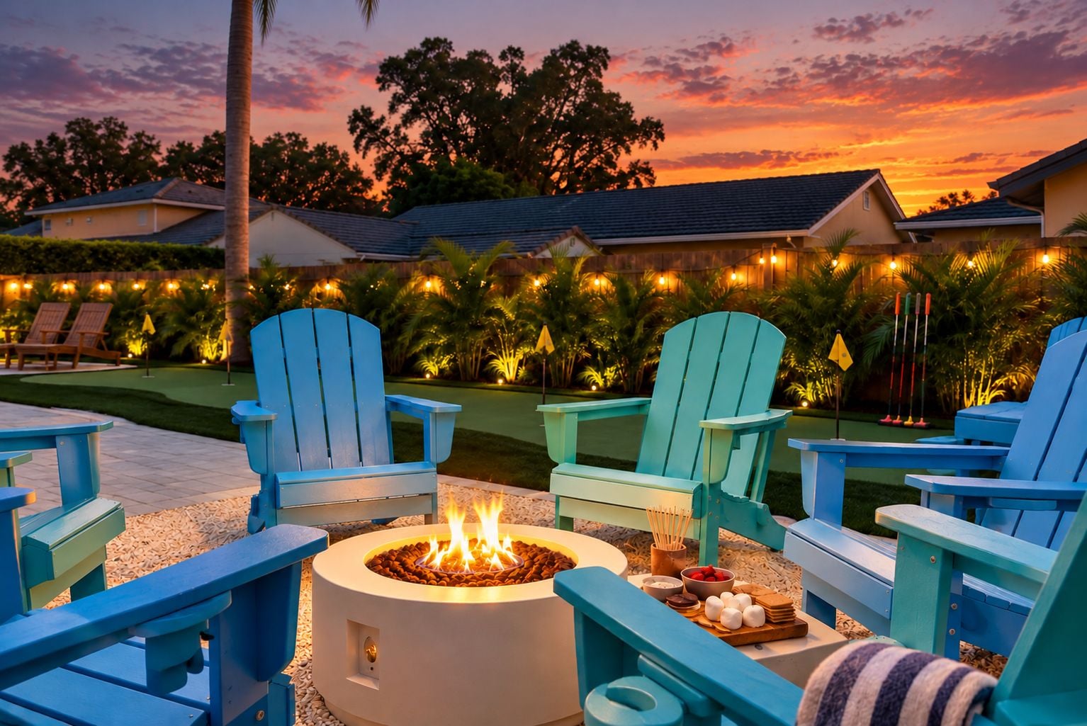 A patio area with outdoor seating, a fire pit, and a view of a residential neighborhood during sunset.