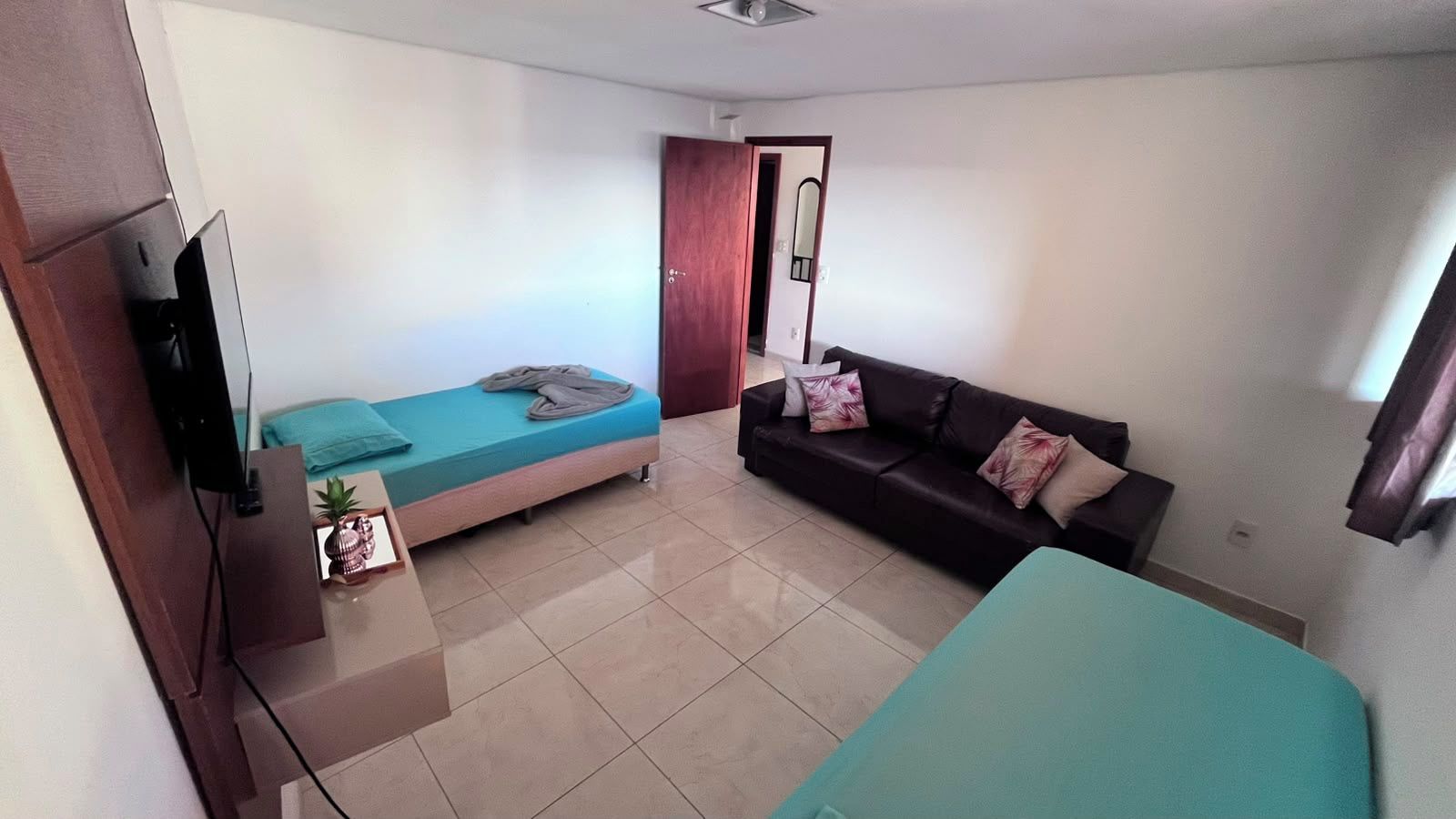 A room with a bed, a sofa, a TV, and a small table with a plant.