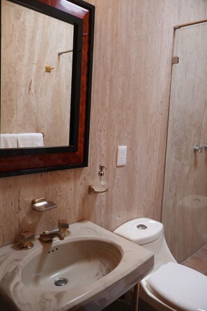 A bathroom with a marble sink, a mirror, a toilet, and a glass shower enclosure. - Perfect 1-bedroom bed & breakfast in quaint Cuernavaca Alicia (Cuernavaca)