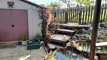 A backyard with a wooden deck, a small pond, and a shed.