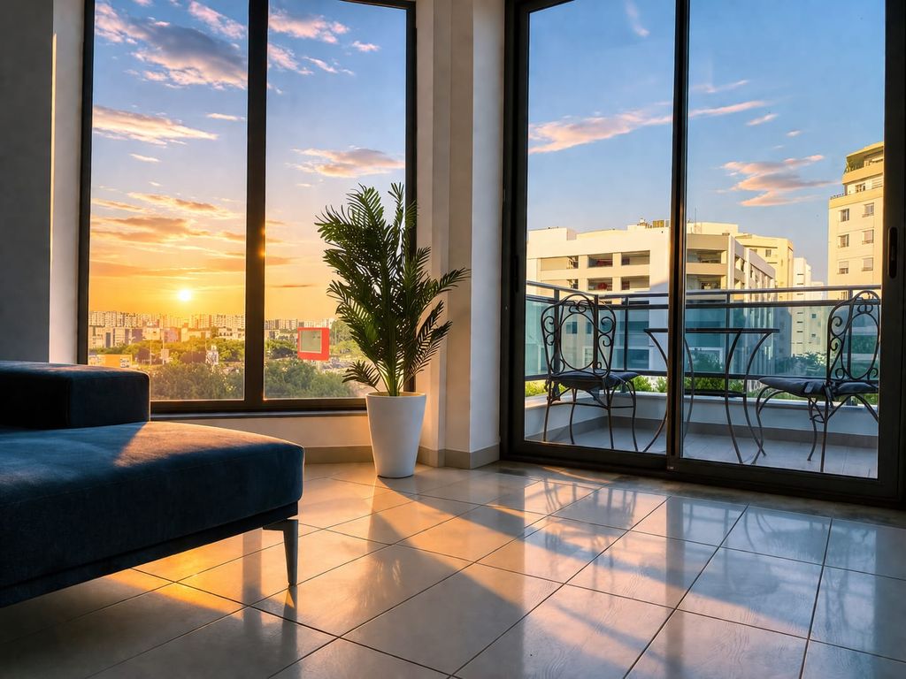 A modern living room with a large window, a sofa, a potted plant, and a balcony with a railing.