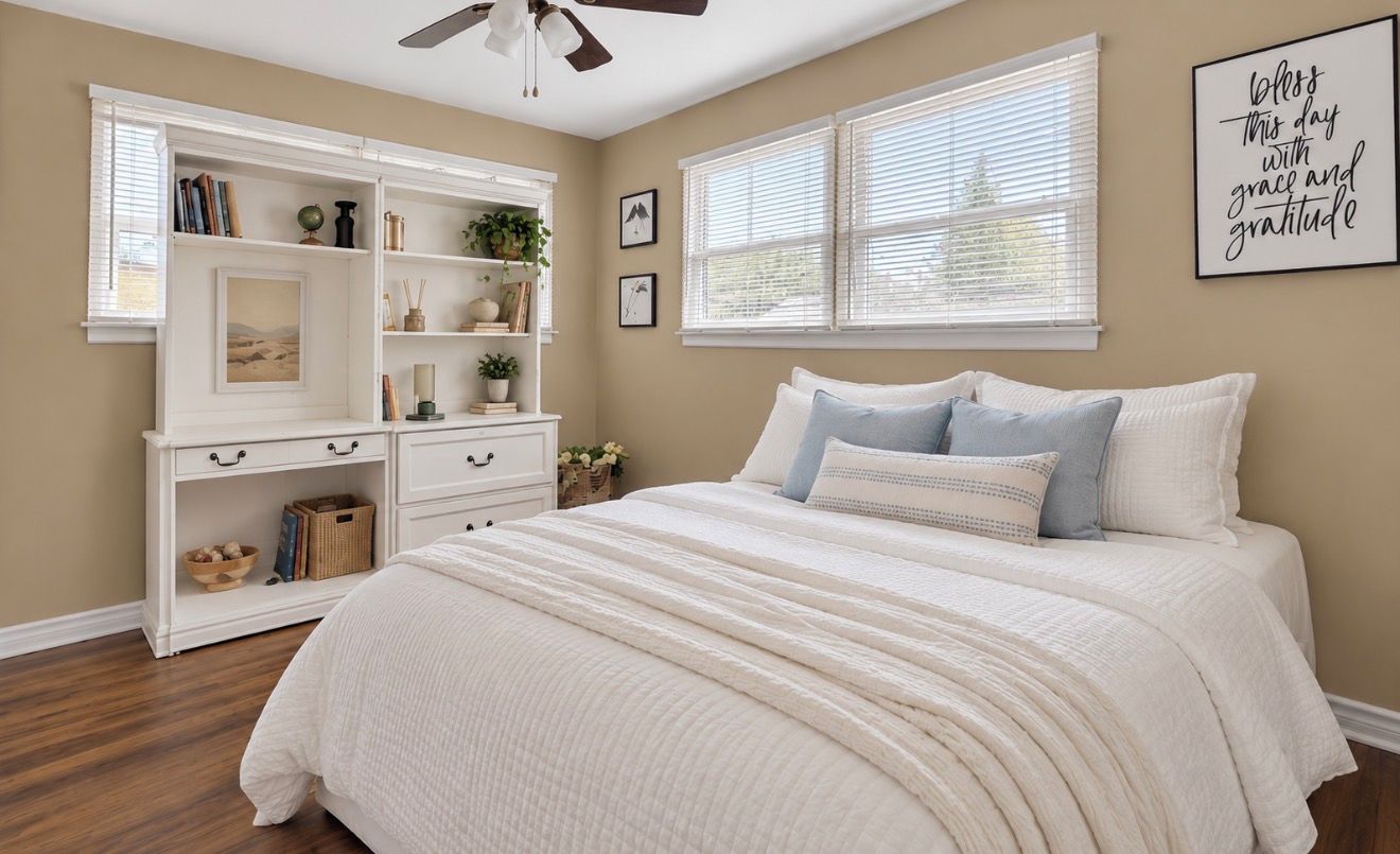 Een slaapkamer met een bed, een witte dressoir en een raam met jaloezieën.
