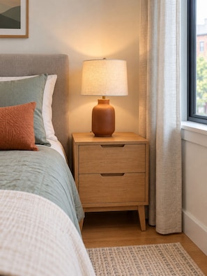 A bedroom with a bed, a bedside table with a lamp, a nightstand, a window with curtains, and a wall-mounted picture. - NYC Portal , 3BD/2BA , Parking & Laundry , 20m NYC (Newark)