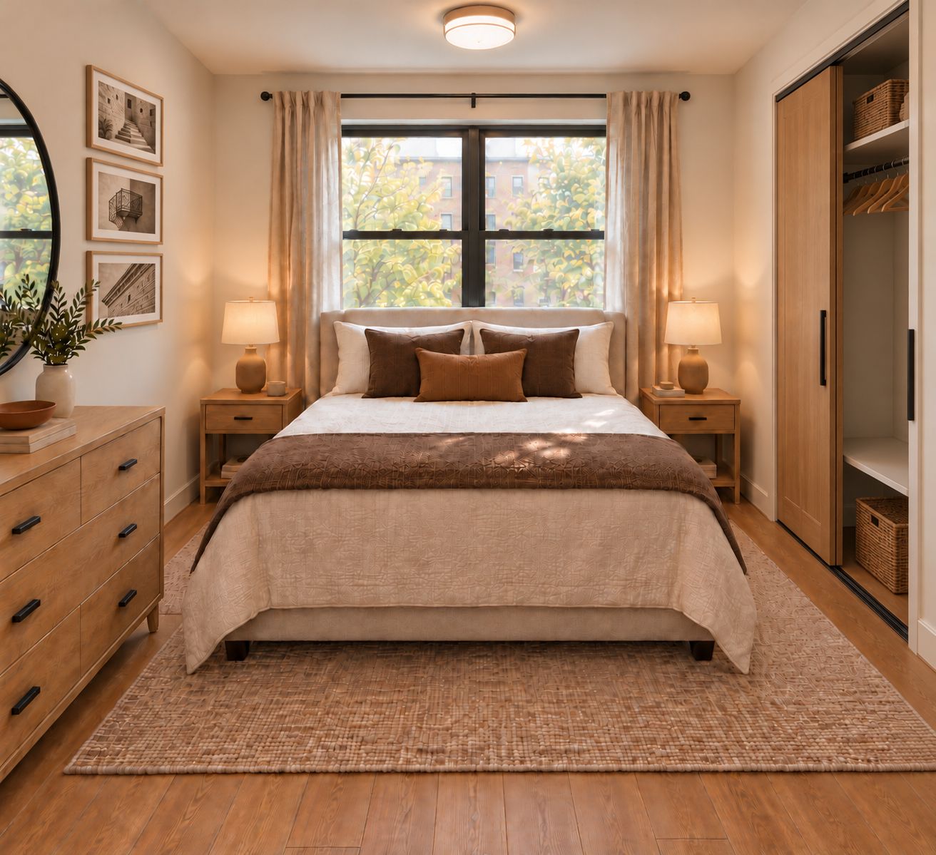 Un dormitorio con una cama grande, dos mesitas de noche, un armario y una ventana con cortinas.