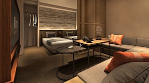A modern hotel room with a bed, a sofa, a small table, and a decorative wall. - Minn Kyoto Shijo (Kyoto)