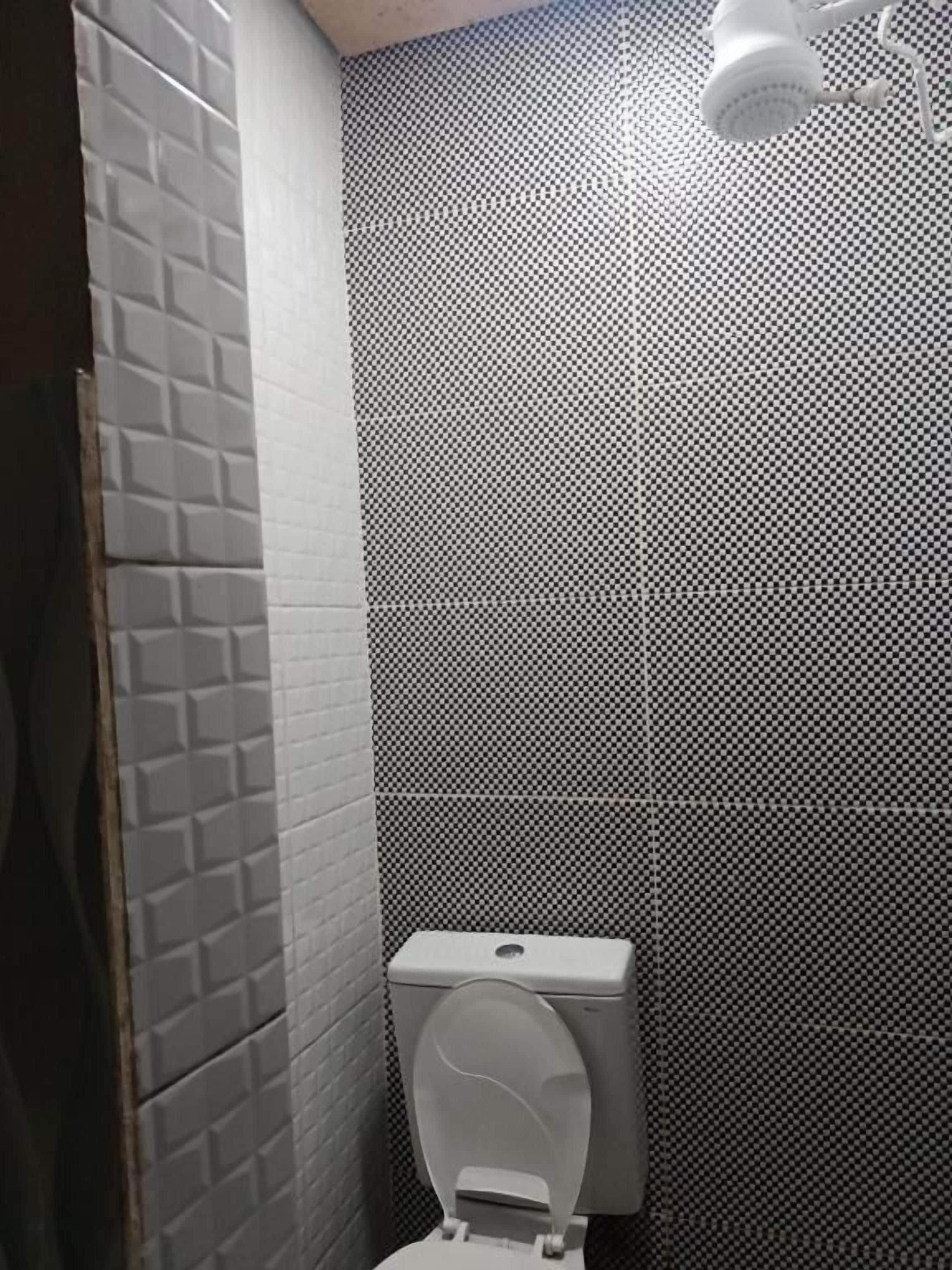 Une salle de bain avec des toilettes, une douche et un mur carrelé.