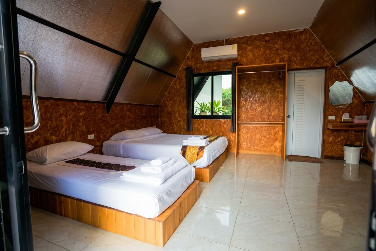 A bedroom with two beds, a wooden floor, a window, and an air conditioning unit.