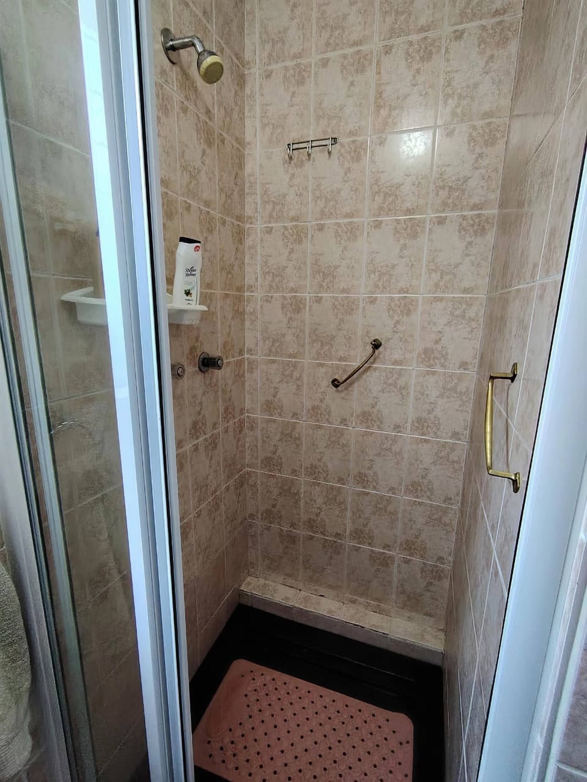 A shower with a glass door, a handheld showerhead, a towel rack, and a step with a non-slip surface.
