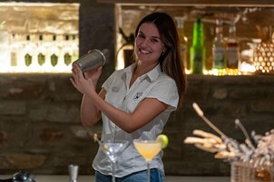 Una persona sostiene un coctelero, con una barra al fondo que incluye botellas y vasos.