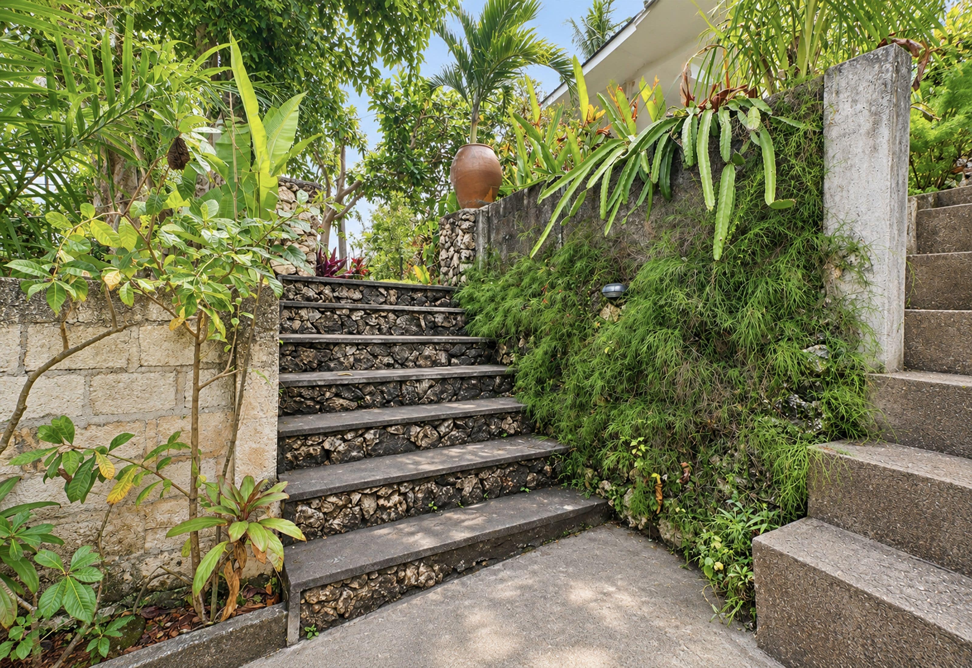 A set of stone steps leading up to a house with a stone wall and various plants.