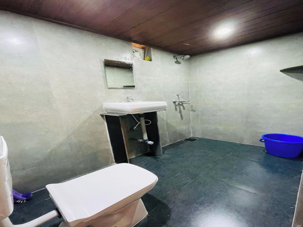 Et badeværelse med toilet, håndvask, bruser og en blå vask.