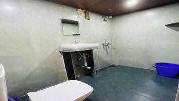 Et badeværelse med toilet, håndvask, bruser og en blå vask.