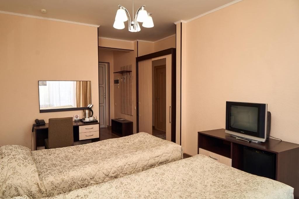 Habitación de hotel con dos camas, un escritorio con silla, un televisor y un espejo.