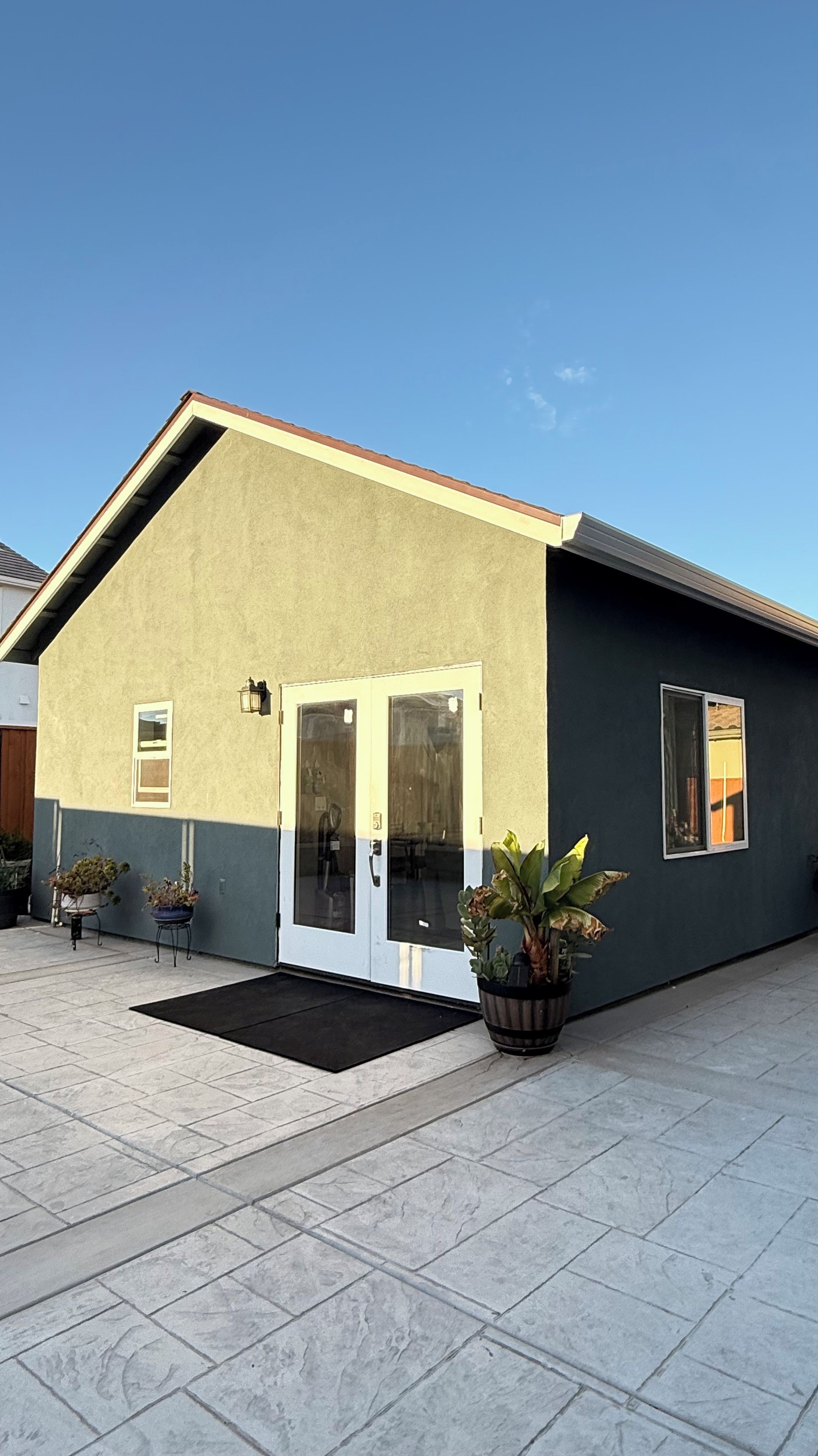 A building with a flat roof, a front door, and potted plants.