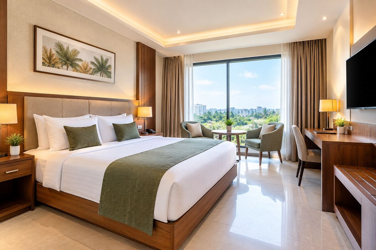Habitación de hotel con una cama grande, un escritorio, una silla, un televisor y vistas a la ciudad.