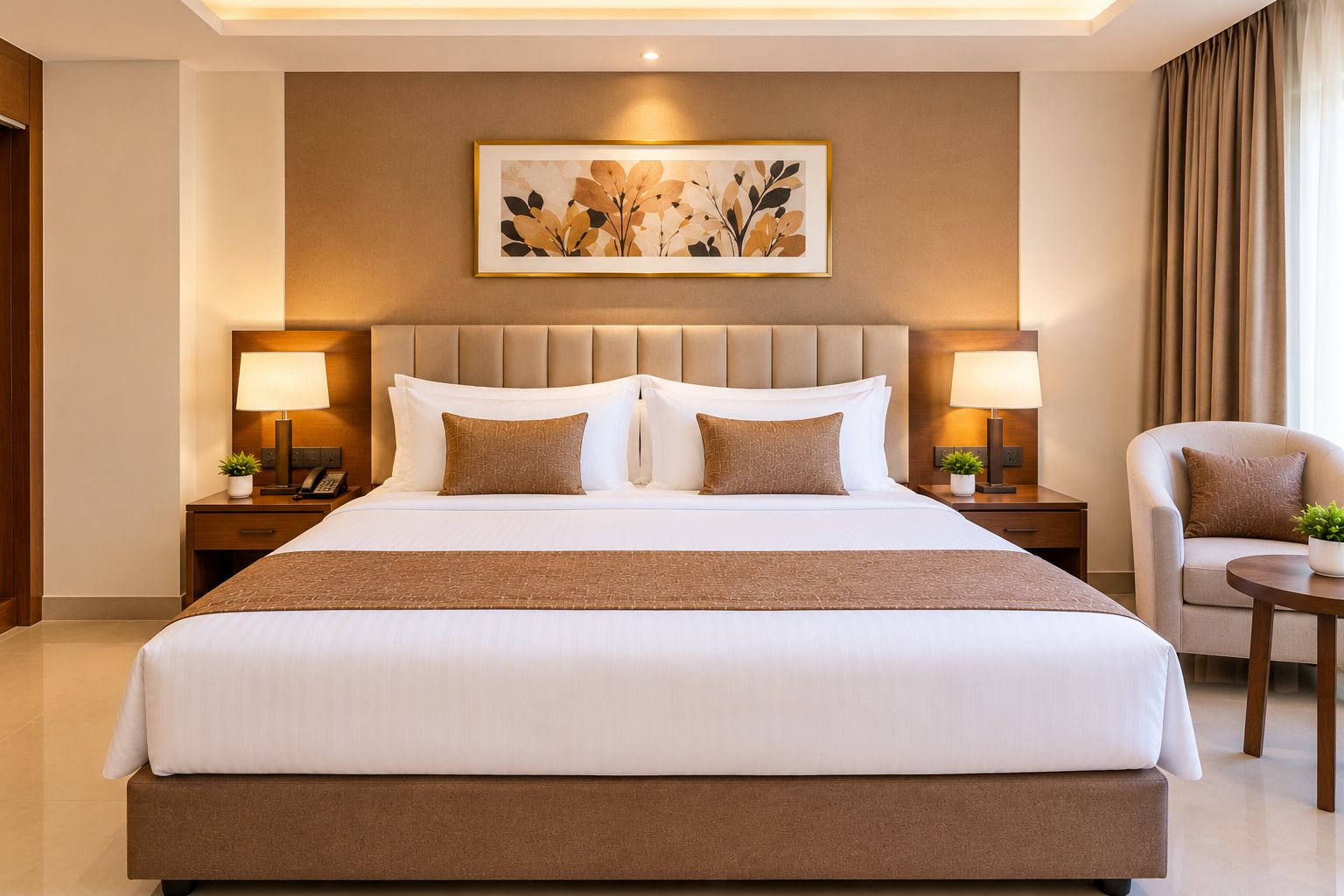 A hotel room with a large bed, two bedside tables with lamps, a chair, and a painting on the wall.