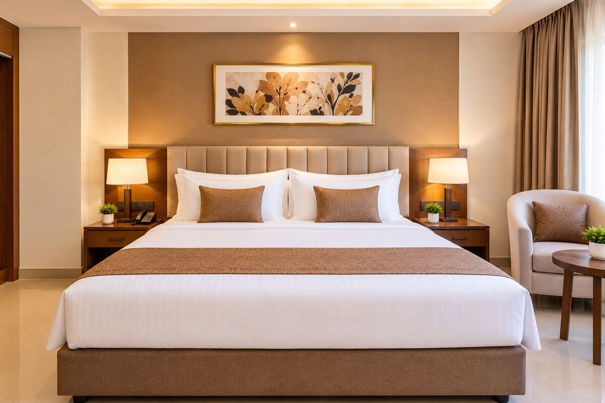 Una habitación de hotel con una cama grande, dos mesitas de noche con lámparas, una silla y un cuadro en la pared.