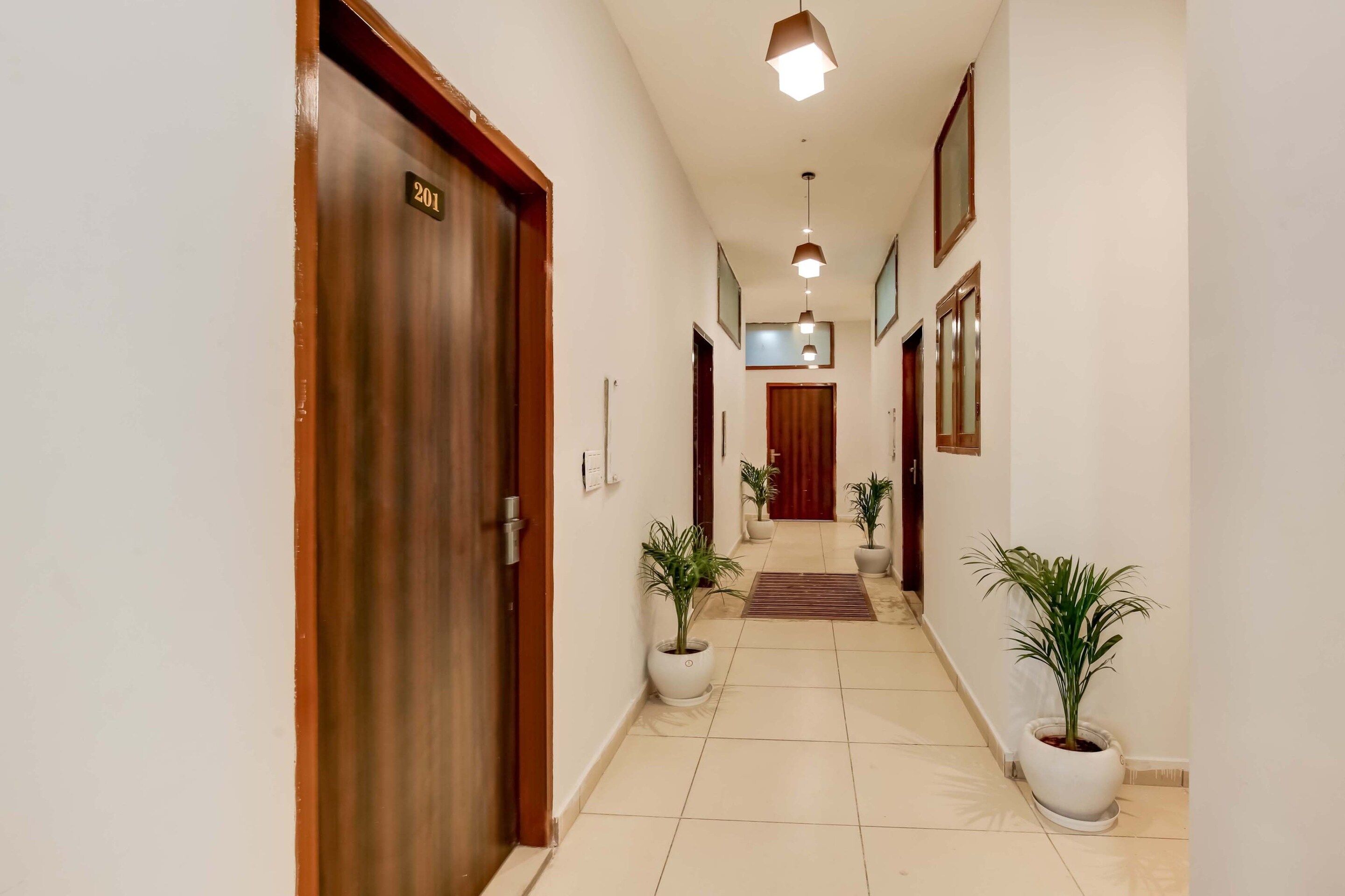 A hotel hallway with a wooden door labeled '201', potted plants, and a tiled floor.