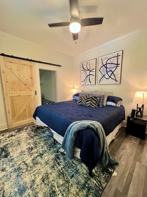 A bedroom with a bed, a ceiling fan, abstract wall art, a wooden door, and a rug.