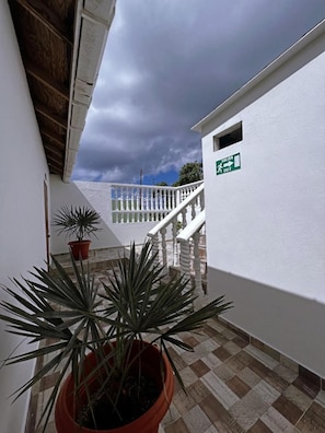 A corridor with a white wall, a potted plant, a staircase, and a green exit sign. - La Casa del Banquete (San Andrés)