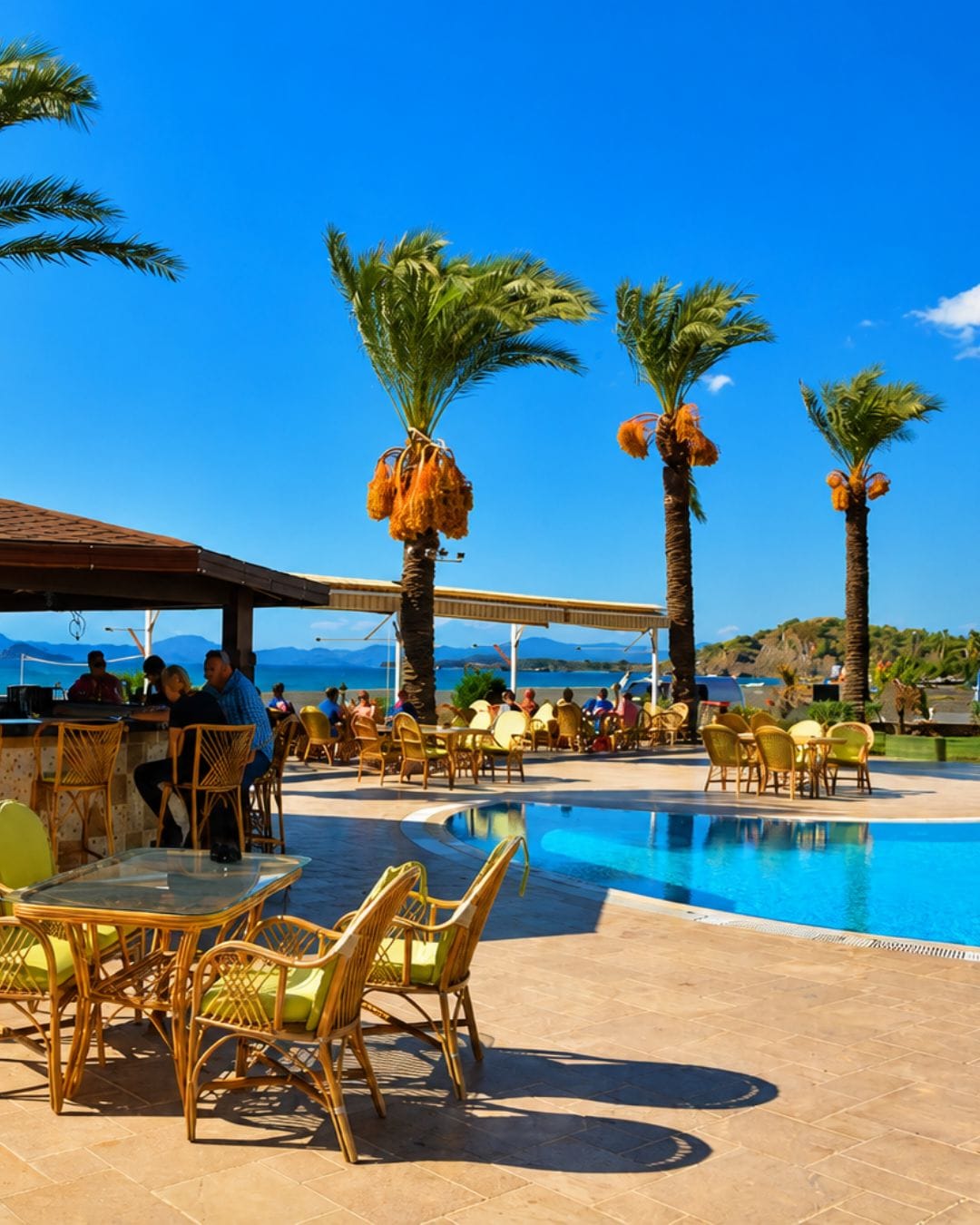 Zona junto a la piscina con mobiliario exterior y palmeras.