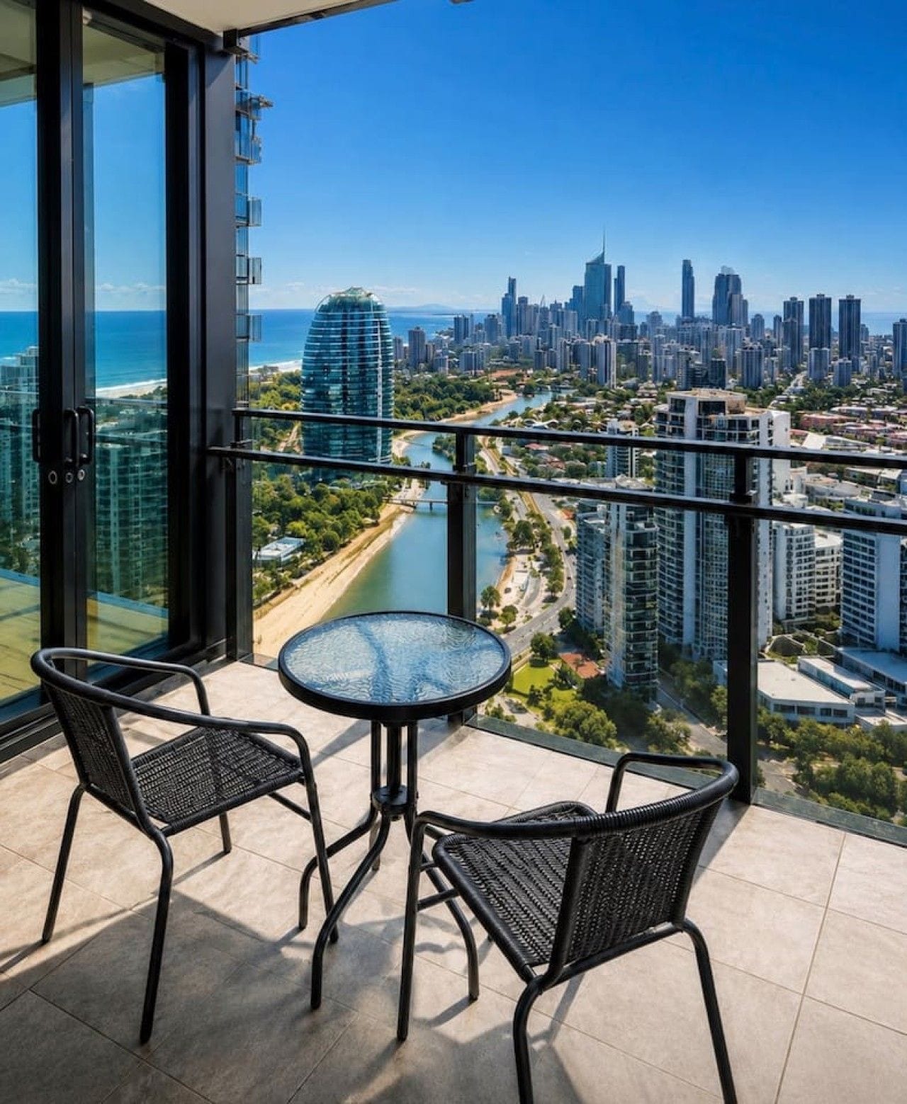 Ein Balkon mit einem Glastisch und zwei Stühlen, mit Blick auf eine Stadtlandschaft mit Fluss und Hochhäusern.