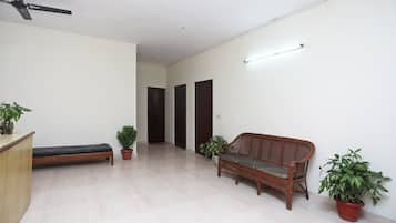 Una habitación amplia con un banco de madera, un sofá y dos plantas en macetas.