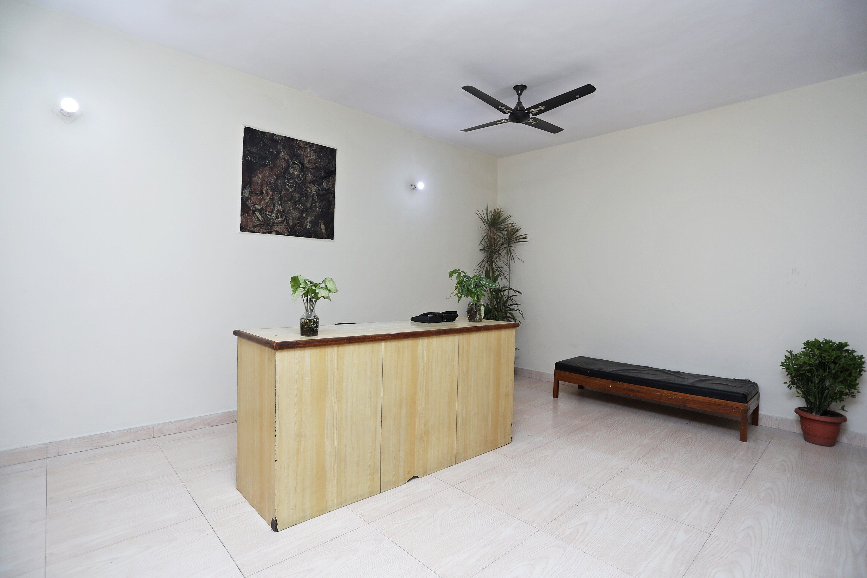 A reception area with a wooden desk, a ceiling fan, a wall-mounted artwork, and a potted plant.