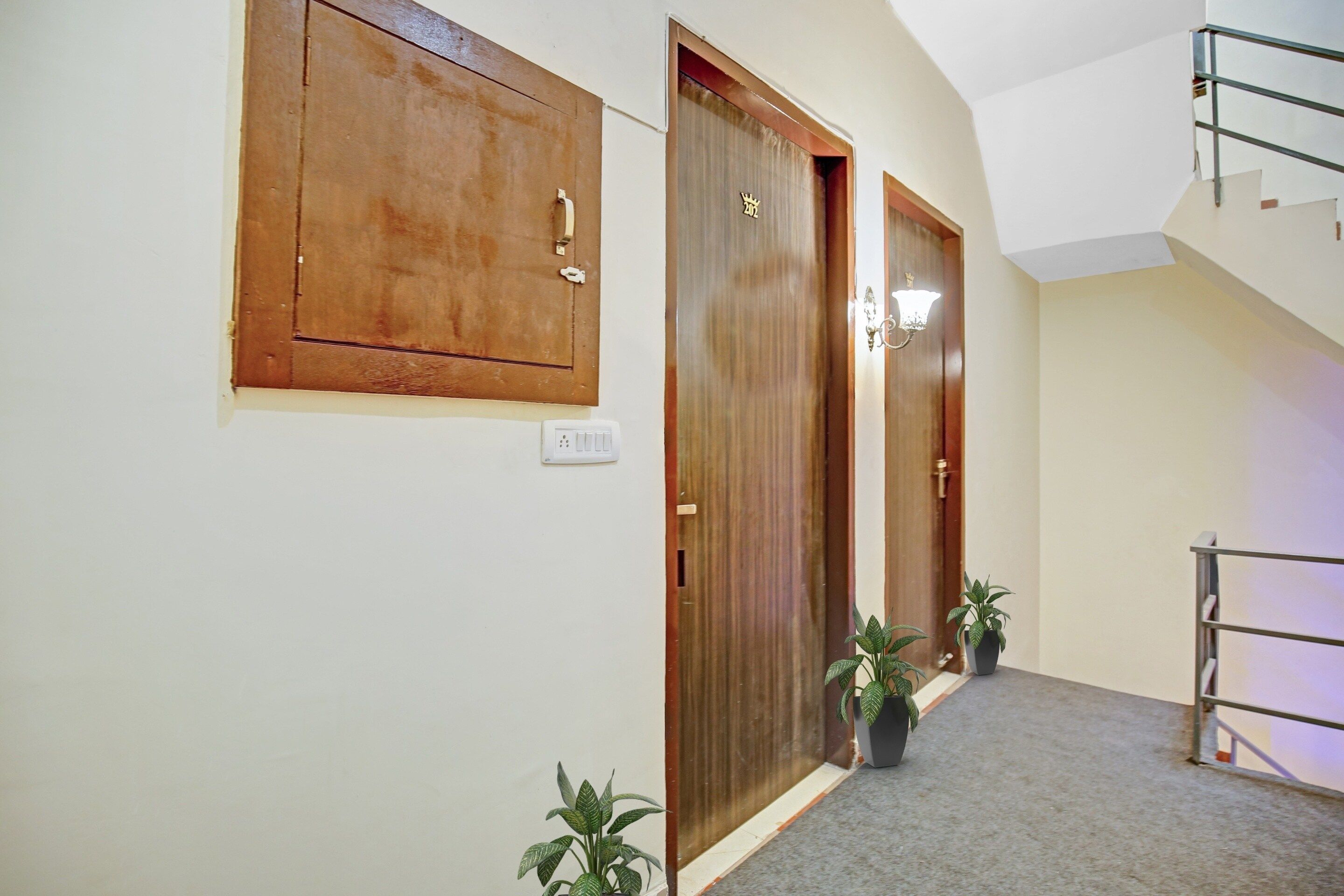 A hallway with wooden doors, a light switch, and two potted plants.