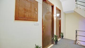 A hallway with wooden doors, a light switch, and two potted plants.