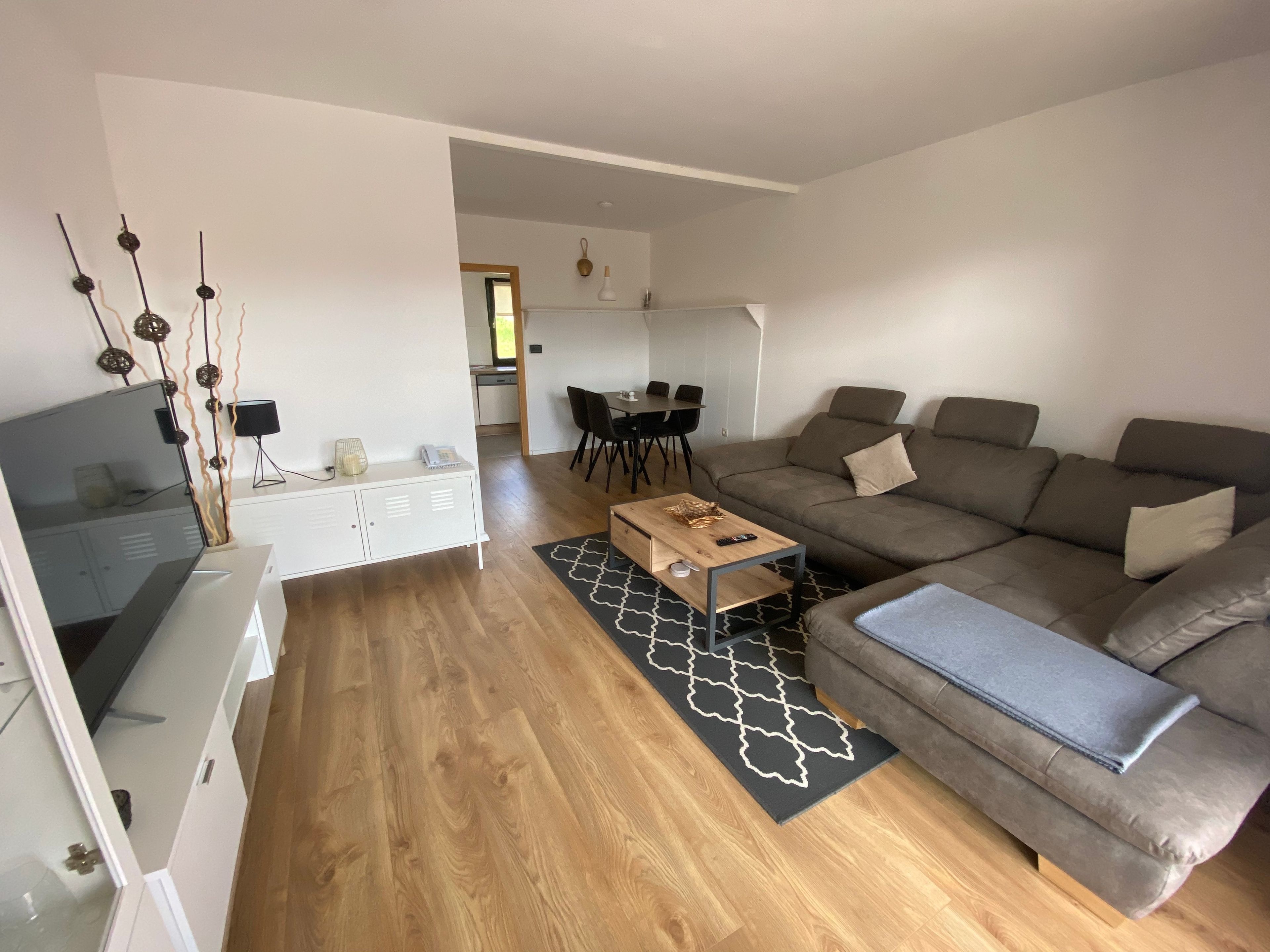A modern living room with a grey sofa, a wooden coffee table, and a TV on a stand.