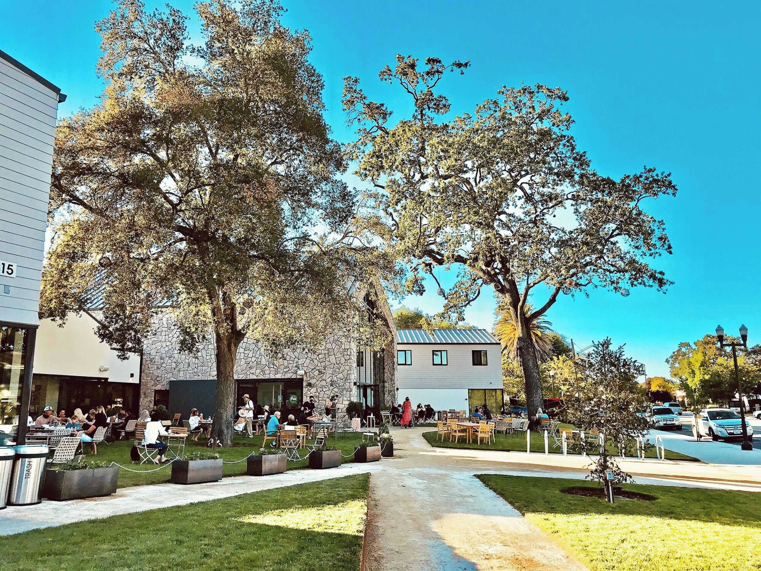 Un espacio público al aire libre con mesas y sillas, rodeado de árboles y edificios.